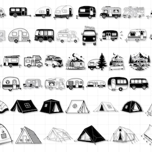 Pu&ograve; includere: Una collezione di illustrazioni in bianco e nero che raffigurano vari tipi di veicoli ricreativi, tra cui camper, roulotte e furgoni. Include anche illustrazioni di diversi stili di tende, adatte per il campeggio e le attivit&agrave; all'aperto.