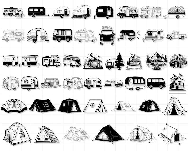 Pu&ograve; includere: Una collezione di illustrazioni in bianco e nero che raffigurano vari tipi di veicoli ricreativi, tra cui camper, roulotte e furgoni. Include anche illustrazioni di diversi stili di tende, adatte per il campeggio e le attivit&agrave; all'aperto.