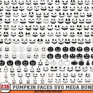 May include: A collection of 236 black and white pumpkin face designs. The image features various carved pumpkin faces, including jack-o'-lanterns, with different expressions. The text "PUMPKIN FACES SVG MEGA BUNDLE" is displayed at the bottom.