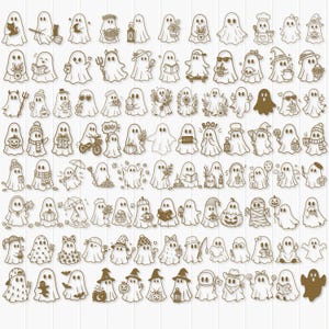 May include: A collection of whimsical ghost illustrations in various poses and costumes. The ghosts are depicted with hats, holding objects, and engaging in activities. The illustrations are in a sepia tone, set against a white background.