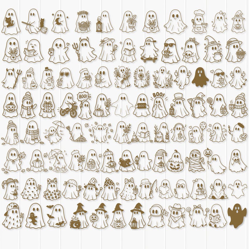 May include: A collection of whimsical ghost illustrations in various poses and costumes. The ghosts are depicted with hats, holding objects, and engaging in activities. The illustrations are in a sepia tone, set against a white background.