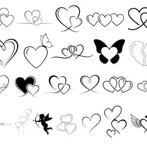May include: A collection of black and white heart designs. The image features various heart illustrations, including intertwined hearts, a heart with a butterfly, and a broken heart. Some designs include the word "love" in cursive.