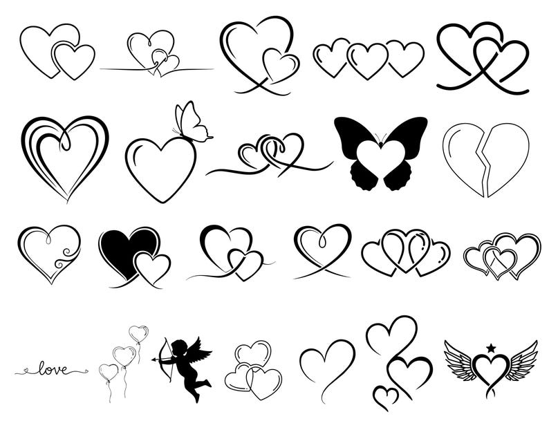 May include: A collection of black and white heart designs. The image features various heart illustrations, including intertwined hearts, a heart with a butterfly, and a broken heart. Some designs include the word "love" in cursive.