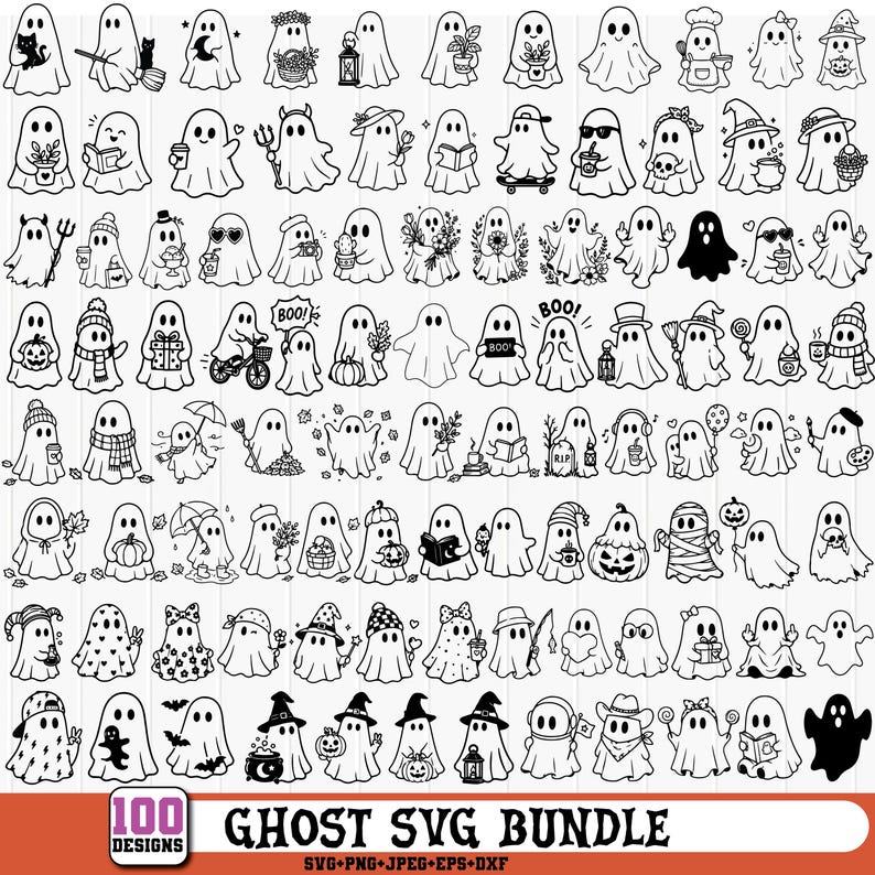 May include: A collection of 100 black and white ghost designs in various styles. Some ghosts are wearing hats, holding objects, or have text bubbles. The text "100 DESIGNS" and "GHOST SVG BUNDLE" are at the bottom.