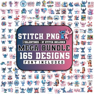 Könnte beinhalten: Eine Sammlung von 165 Stitch PNG-Designs, einschließlich Valentinstag-Themen. Das Bild zeigt verschiedene Illustrationen der Figur Stitch, mit dem Text "STITCH PNG MEGA BUNDLE 165 DESIGNS FONT INCLUDED".