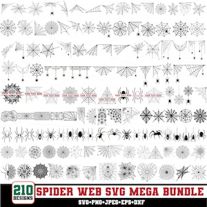 May include: A digital collection of 210 black spider web and spider illustrations in various shapes and styles, including corner designs, hanging webs, and circular patterns. Some designs feature text placeholders labeled YOUR TEXT HERE.
