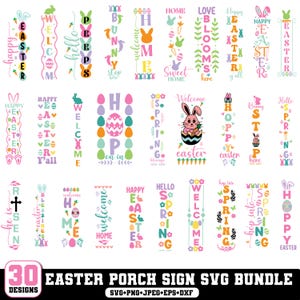 Puede incluir: Un conjunto de 30 diseños de letreros de porche de Pascua en formatos SVG, PNG, JPEG, EPS y DXF. Los letreros presentan texto colorido y gráficos temáticos de Pascua, incluyendo conejitos, huevos y elementos florales. Los letreros son verticales.