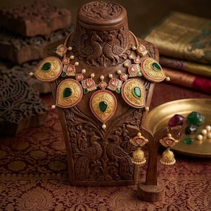 Kundan Emerald Green Ruby Red Choker Set Jhumka Earrings Gold Plated Indian Bridal Jewelry