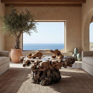 May include: A coffee table constructed from a large, natural tree root base with a flat, polished wooden top. The table is positioned in a room with two beige sofas, a large potted olive tree, and a wide window overlooking the ocean.