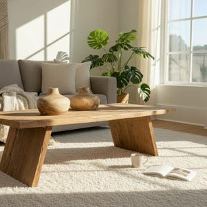 K&ouml;nnte beinhalten: Ein rustikaler Couchtisch aus Holz mit nat&uuml;rlichem Finish, mit rechteckiger Platte und schr&auml;gen Beinen. Zwei dekorative Holzvasen stehen auf dem Tisch, zusammen mit einer Tasse und einem offenen Buch. Der Raum hat eine neutrale Farbpalette.