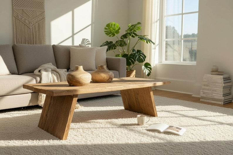 K&ouml;nnte beinhalten: Ein rustikaler Couchtisch aus Holz mit nat&uuml;rlichem Finish, mit rechteckiger Platte und schr&auml;gen Beinen. Zwei dekorative Holzvasen stehen auf dem Tisch, zusammen mit einer Tasse und einem offenen Buch. Der Raum hat eine neutrale Farbpalette.
