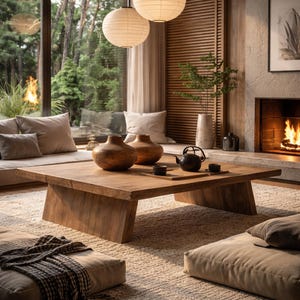 Puede incluir: Un salón acogedor con una mesa de centro de madera, jarrones y un juego de té. Dos faroles de papel cuelgan del techo. Se ve una chimenea con fuego encendido, así como una gran ventana con vistas a un bosque.