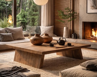 May include: A low, rectangular wooden coffee table with a thick top and angled legs, featuring two rounded wooden vases, a black teapot, and two small black cups on a wooden tray, positioned in a room with paper lanterns and floor cushions.