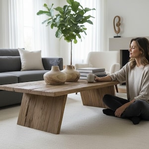 K&ouml;nnte beinhalten: Ein rustikaler, rechteckiger Couchtisch aus Holz mit nat&uuml;rlichem Finish. Zwei dekorative Holzvasen und ein Stapel B&uuml;cher stehen auf dem Tisch. Ein graues Sofa und zwei wei&szlig;e Sessel befinden sich im Hintergrund. Der Raum hat eine neutrale Farbpalette.