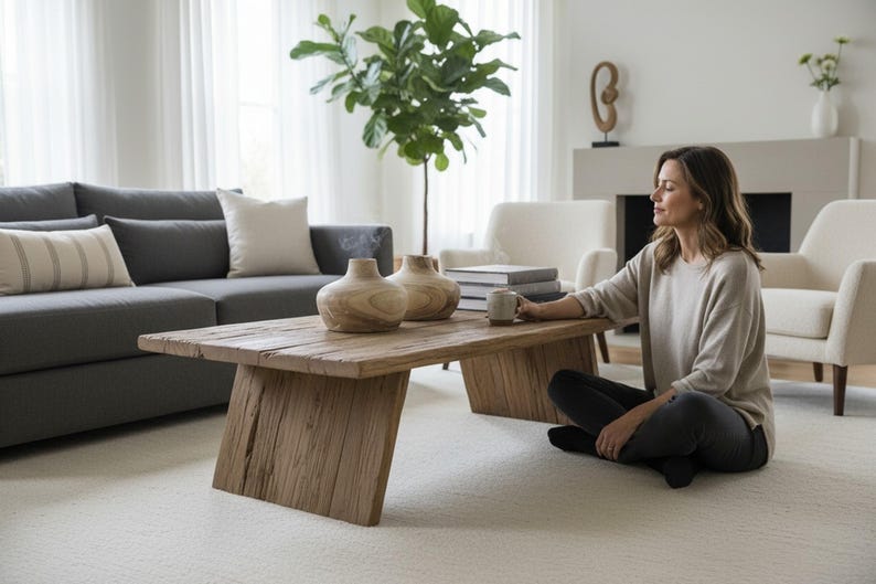 K&ouml;nnte beinhalten: Ein rustikaler, rechteckiger Couchtisch aus Holz mit nat&uuml;rlichem Finish. Zwei dekorative Holzvasen und ein Stapel B&uuml;cher stehen auf dem Tisch. Ein graues Sofa und zwei wei&szlig;e Sessel befinden sich im Hintergrund. Der Raum hat eine neutrale Farbpalette.