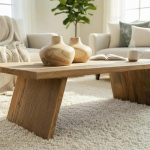 K&ouml;nnte beinhalten: Ein rustikaler Couchtisch aus Holz mit nat&uuml;rlichem Finish, mit rechteckiger Platte und schr&auml;gen Beinen. Zwei dekorative Holzvasen und ein Buch liegen auf dem Tisch. Der Raum hat eine neutrale Farbpalette.