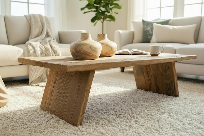 K&ouml;nnte beinhalten: Ein rustikaler Couchtisch aus Holz mit nat&uuml;rlichem Finish, mit rechteckiger Platte und schr&auml;gen Beinen. Zwei dekorative Holzvasen und ein Buch liegen auf dem Tisch. Der Raum hat eine neutrale Farbpalette.