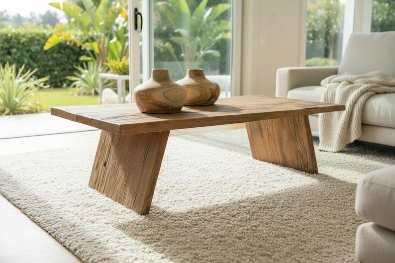 K&ouml;nnte beinhalten: Ein rechteckiger Couchtisch aus hellem Holz mit schr&auml;gen Beinen. Zwei dekorative Vasen stehen auf der Tischoberfl&auml;che. Der Tisch ist aus hellbraunem Holz gefertigt und steht auf einem wei&szlig;en Teppich. Der Hintergrund umfasst ein Sofa und gro&szlig;e Fenster.