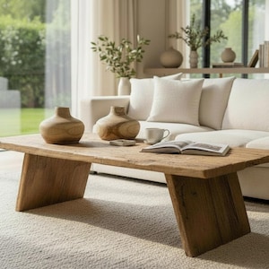 K&ouml;nnte beinhalten: Ein rustikaler Couchtisch aus Holz mit nat&uuml;rlicher Oberfl&auml;che, mit rechteckiger Platte und schr&auml;gen Beinen. Zwei Holzvasen und ein offenes Buch liegen auf dem Tisch, mit einem wei&szlig;en Sofa und einem neutralen Teppich im Hintergrund.