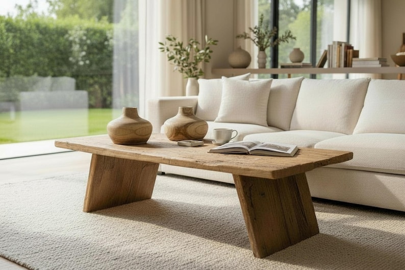 K&ouml;nnte beinhalten: Ein rustikaler Couchtisch aus Holz mit nat&uuml;rlicher Oberfl&auml;che, mit rechteckiger Platte und schr&auml;gen Beinen. Zwei Holzvasen und ein offenes Buch liegen auf dem Tisch, mit einem wei&szlig;en Sofa und einem neutralen Teppich im Hintergrund.
