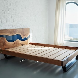 Luxury Walnut Resin Bed Frame, Live Edge Platform Epoxy Headboard, Queen King California Alaskan