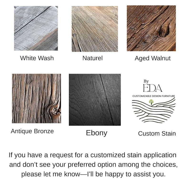 K&ouml;nnte beinhalten: Eine Auswahl an Holzbeizenmustern, darunter White Wash, Naturel, Aged Walnut, Antique Bronze und Ebony. Das Bild zeigt auch ein Logo f&uuml;r anpassbare Designm&ouml;bel und Text, der kundenspezifische Beizenoptionen anbietet.