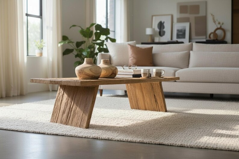 K&ouml;nnte beinhalten: Rustikaler Couchtisch aus Holz mit schr&auml;gen Beinen. Auf dem Tisch stehen zwei Holzvasen und zwei Tassen. Der Tisch steht auf einem cremefarbenen Teppich in einem Wohnzimmer. Nat&uuml;rliches Design.