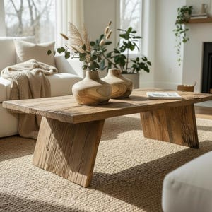 K&ouml;nnte beinhalten: Ein rustikaler Couchtisch aus Holz mit nat&uuml;rlichem Finish. Zwei dekorative Vasen mit getrockneten Pflanzen stehen auf dem Tisch. Der Tisch befindet sich in einem Wohnzimmer mit wei&szlig;em Sofa und Kamin.
