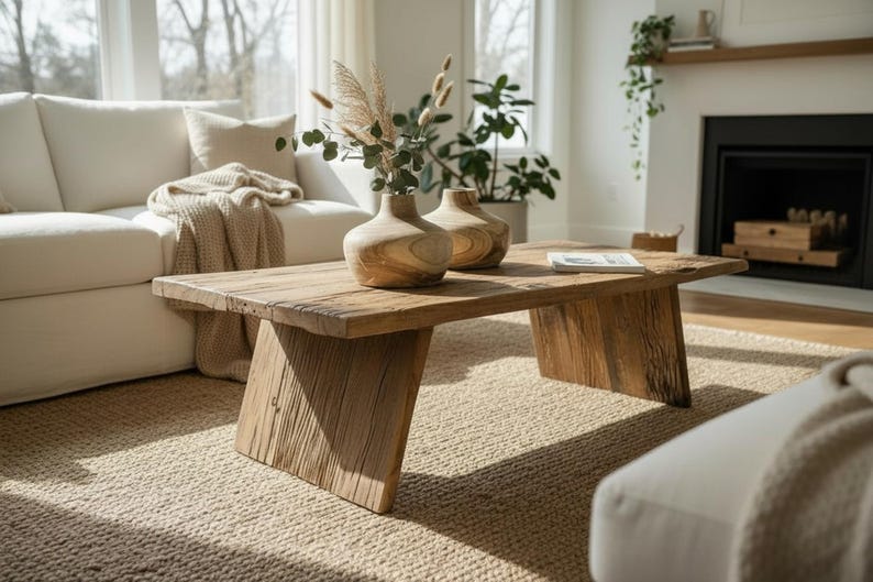 K&ouml;nnte beinhalten: Ein rustikaler Couchtisch aus Holz mit nat&uuml;rlichem Finish. Zwei dekorative Vasen mit getrockneten Pflanzen stehen auf dem Tisch. Der Tisch befindet sich in einem Wohnzimmer mit wei&szlig;em Sofa und Kamin.