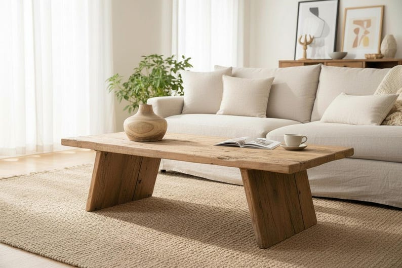 K&ouml;nnte beinhalten: Ein rustikaler Couchtisch aus Holz mit nat&uuml;rlicher Oberfl&auml;che. Im Hintergrund befindet sich ein beiges Sofa mit Kissen. Eine Holzvase, ein Buch sowie eine Tasse und Untertasse stehen auf dem Tisch. Der Raum ist von nat&uuml;rlichem Licht durchflutet.