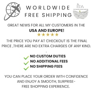 K&ouml;nnte beinhalten: Wei&szlig;es Grafikdesign mit dem Text "WORLDWIDE FREE SHIPPING" und einem Globus mit einem Flugzeugsymbol. Zus&auml;tzlicher Text lautet "USA AND EUROPE!" und "NO CUSTOM DUTIES, NO ADDITIONAL FEES, NO SHIPPING FEES."
