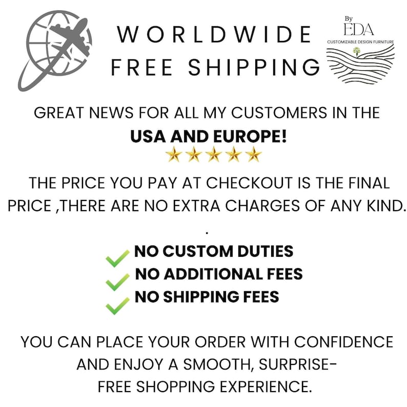 K&ouml;nnte beinhalten: Wei&szlig;es Grafikdesign mit dem Text "WORLDWIDE FREE SHIPPING" und einem Globus mit einem Flugzeugsymbol. Zus&auml;tzlicher Text lautet "USA AND EUROPE!" und "NO CUSTOM DUTIES, NO ADDITIONAL FEES, NO SHIPPING FEES."