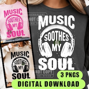 Musik lugnar min själ PNG: Vintage hörlurar musikälskare musiker PNG, retro ljudgrafik DJ-present, skjortdesign (digital nedladdning)