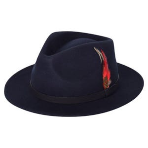 May include: A navy blue fedora hat with a black band and a decorative feather. The hat has a classic shape with a wide brim. The feather is red, orange, and brown.
