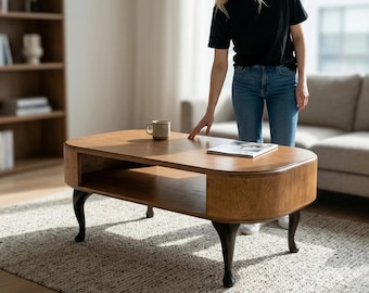 Ovaler Eichen Couchtisch, Mid Century Modern, Skandinavisches Japandi Wohnzimmer Möbel