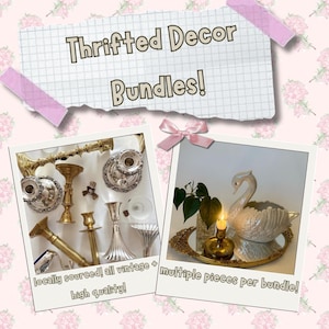 May include: The image showcases two bundles of thrifted decor. One bundle features vintage candle holders and decorative pieces. The other bundle includes a swan-shaped planter, a candle, and a decorative tray. Text on the image reads "Thrifted Decor Bundles!"