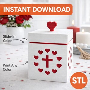 May include: A white wooden box with a red heart-shaped handle. The box has a red cross surrounded by red hearts. The text "INSTANT DOWNLOAD" is at the top. The box is a Valentine's Day or religious themed item.