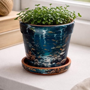 May include: A terracotta plant pot and matching saucer featuring a deep blue underwater ocean scene with coral reefs, various fish, and light rays filtering through the water. The pot is filled with a dense cluster of small green clover-like plants.