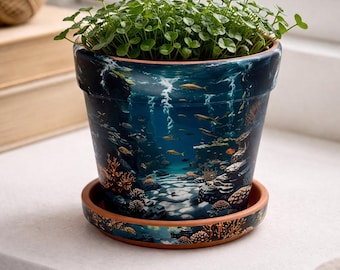 Jardinière récif de corail océanique, pot en terre cuite de 4 pouces avec drainage, décoration de plage côtière, jardinière à poisson sous-marine, pot de plante nautique, mer profonde
