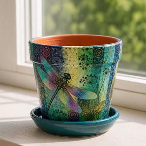 May include: A cylindrical terracotta plant pot with a matching teal saucer. The exterior features a vertical striped pattern in shades of green, blue, and yellow, decorated with a large dragonfly illustration and delicate black line art of plants.