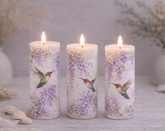 Juego de velas sin llama con diseño de colibrí, velas LED de glicina morada, velas cilíndricas a pilas, regalo de decoración para el hogar estilo cottagecore, Día de la Madre