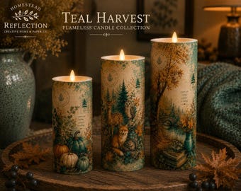 Teal Harvest Flameless Candles, Vintage Fall Candles, Autumn Pumpkin Decor, Teal Woodland Candles, LED Pillar Candles, Fall Home Decor