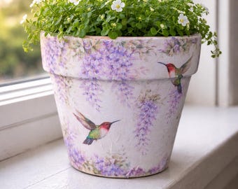 Maceta de glicina y lavanda hecha a mano con platillo / Maceta de barro con decoupage de colibrí / Decoración rústica para el hogar / Regalo para amantes de las aves / Regalo para ella