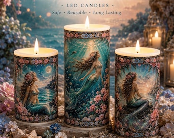 Juego de velas sin llama Mermaid Fantasy, velas LED de sirena, decoración costera playera, regalo para amantes del océano, decoración náutica para el hogar.
