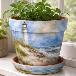 May include: A large, hand-painted terracotta flower pot featuring a coastal scene with a lighthouse, sand dunes, and ocean waves. The pot is filled with green leafy plants and sits on a matching saucer. The pot measures approximately 10 inches in diameter.