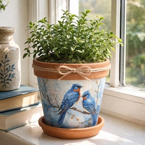 Handmade Bluebird Decoupage Planter | 4” Terracotta Flower Pot | Cottage Garden Decor | Rustic Farmhouse Plant Pot l Mother's Day Gift