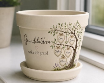 Maceta personalizada para nietos, maceta con nombre personalizado para la abuela, maceta de jardín para la abuela con platillo, regalo para abuelos