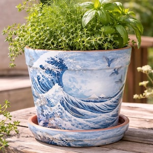 Japanese Wave Planter with Saucer | Great Wave Decoupage Terracotta Pot | Coastal Blue Flower Pot | Ocean Decor Planter | Beach House Decor