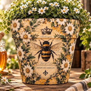 May include: A ceramic flower pot featuring a yellow and white daisy pattern, a central bee illustration, a crown graphic, and the text "Botanique" and "JARDIN DES ABEILLES". The pot contains a green plant with small white flowers.