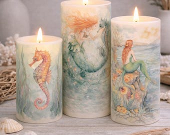 Juego de velas sin llama de sirena / Trío de velas LED de pilar de 10, 13 y 15 cm / Decoración costera de playa / Regalo con temática oceánica / Decoración de sirena